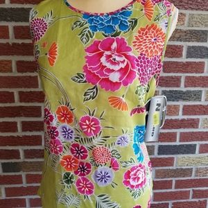Nygard Collection Wrinkle Free Linen Tank NWT Women's Size 10 Lime Green Floral